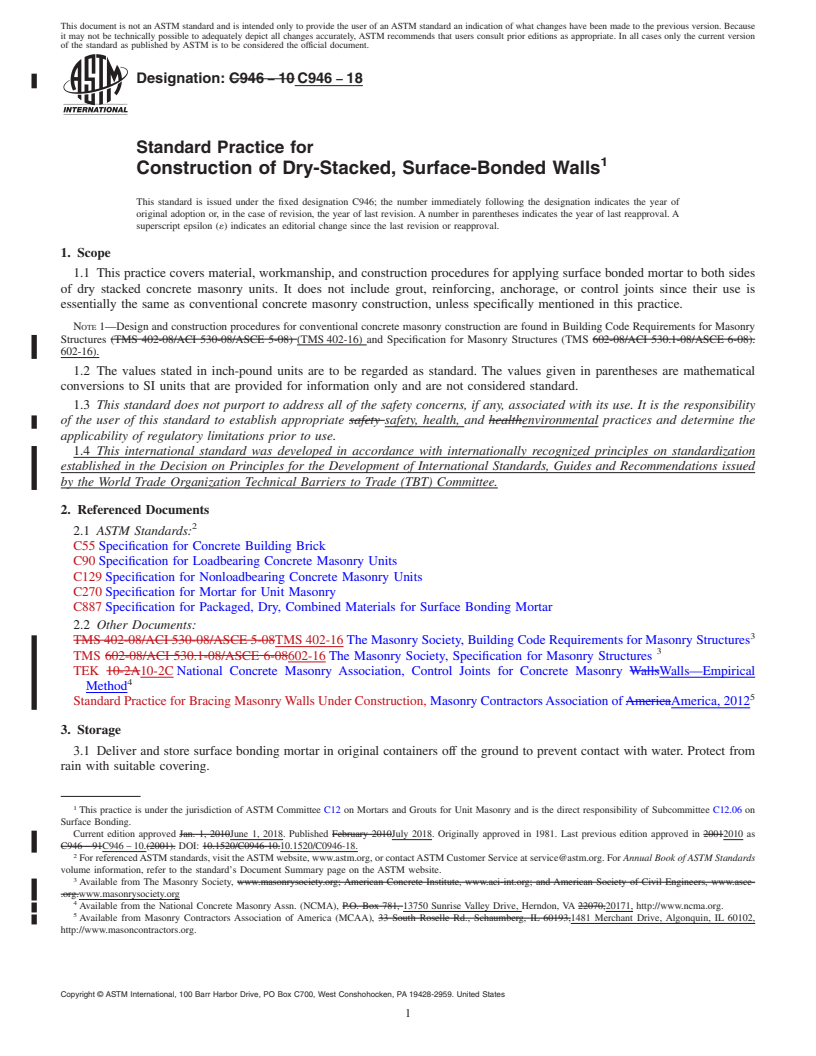 REDLINE ASTM C946-18 - Standard Practice for  Construction of Dry-Stacked, Surface-Bonded Walls