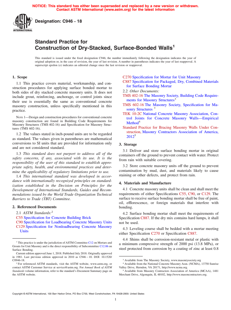 ASTM C946-18 - Standard Practice for  Construction of Dry-Stacked, Surface-Bonded Walls