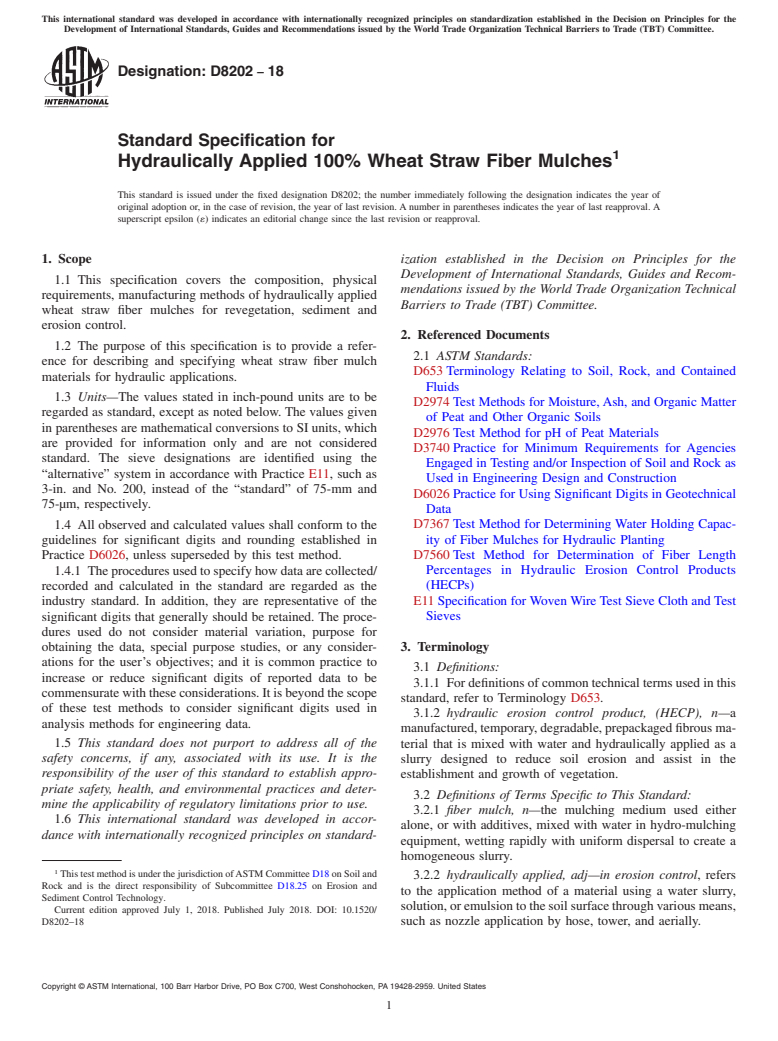 ASTM D8202-18 - Standard Specification for Hydraulically Applied 100% Wheat Straw Fiber Mulches