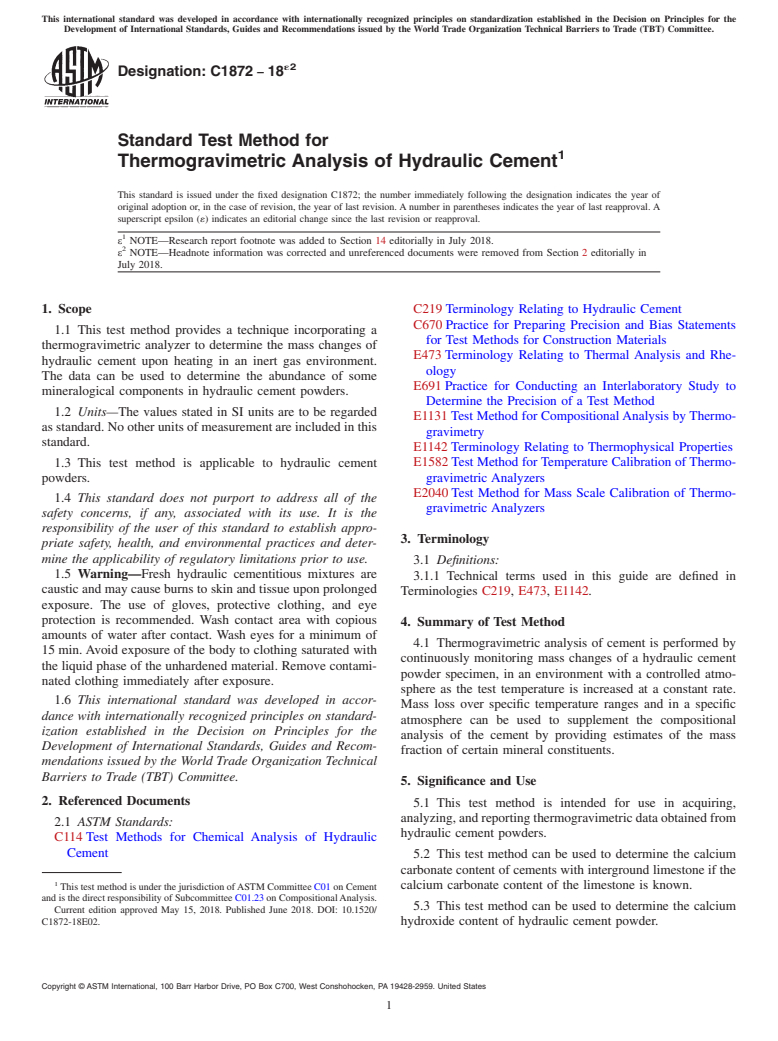 ASTM C1872-18e2 - Standard Test Method for Thermogravimetric Analysis of Hydraulic Cement