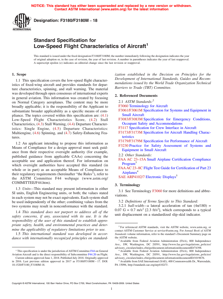 ASTM F3180/F3180M-18 - Standard Specification for Low-Speed Flight Characteristics of Aircraft