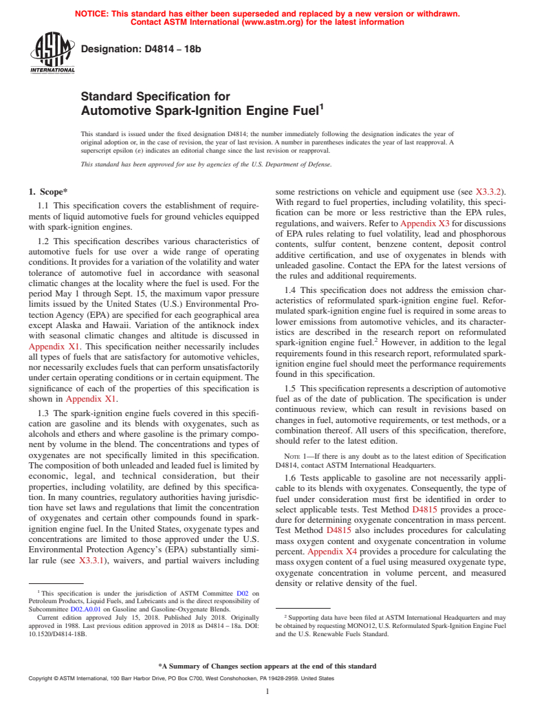 ASTM D4814-18b - Standard Specification for Automotive Spark-Ignition Engine Fuel