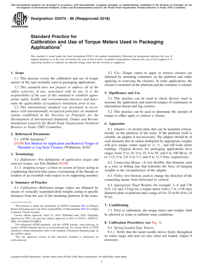 ASTM D3474-90(2018) - Standard Practice for Calibration and Use of Torque Meters Used in Packaging Applications