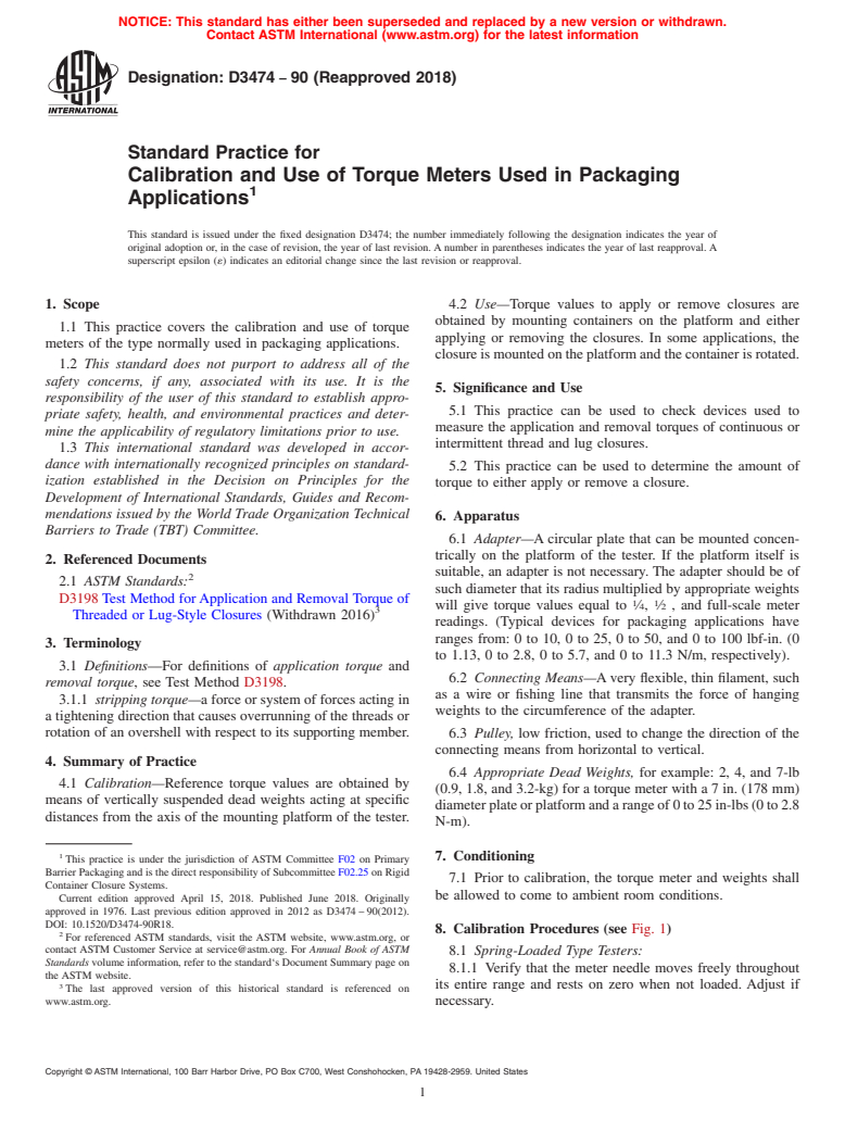 ASTM D3474-90(2018) - Standard Practice for Calibration and Use of Torque Meters Used in Packaging Applications