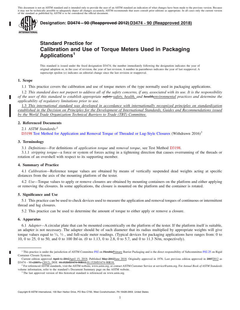REDLINE ASTM D3474-90(2018) - Standard Practice for Calibration and Use of Torque Meters Used in Packaging Applications