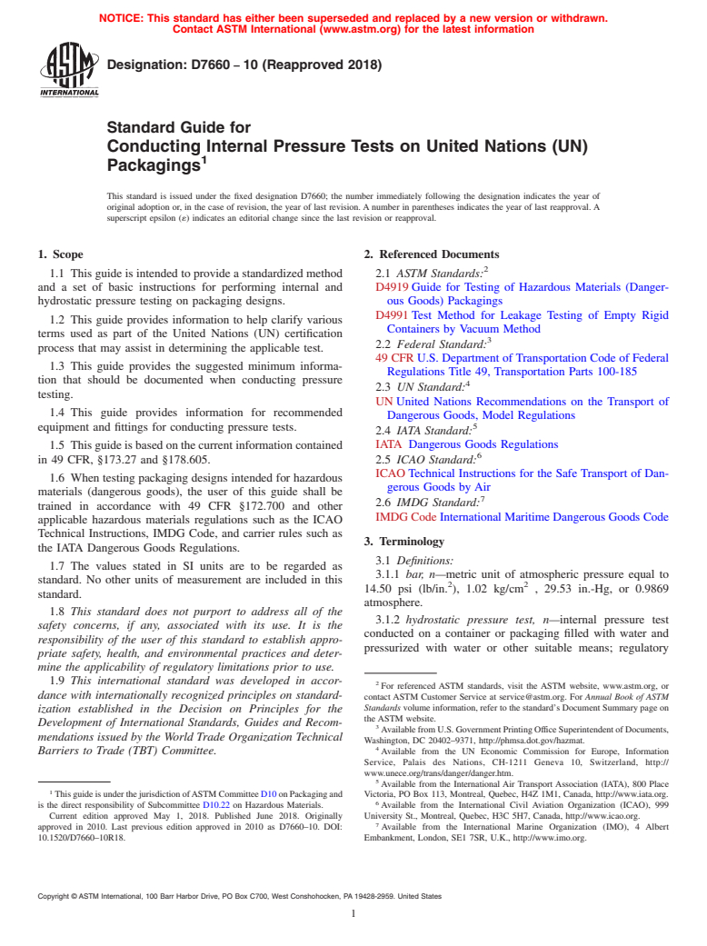 ASTM D7660-10(2018) - Standard Guide for  Conducting Internal Pressure Tests on United Nations (UN) Packagings