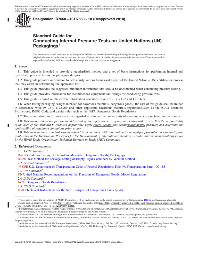 REDLINE ASTM D7660-10(2018) - Standard Guide for  Conducting Internal Pressure Tests on United Nations (UN) Packagings