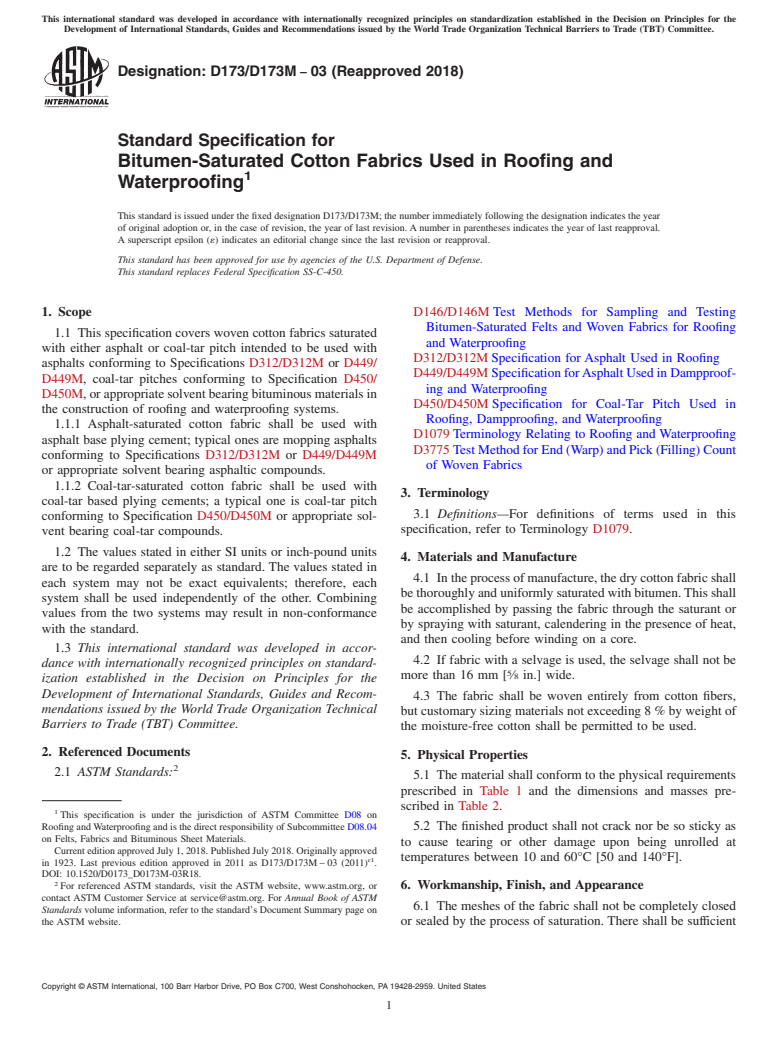 ASTM D173/D173M-03(2018) - Standard Specification for  Bitumen-Saturated Cotton Fabrics Used in Roofing and Waterproofing