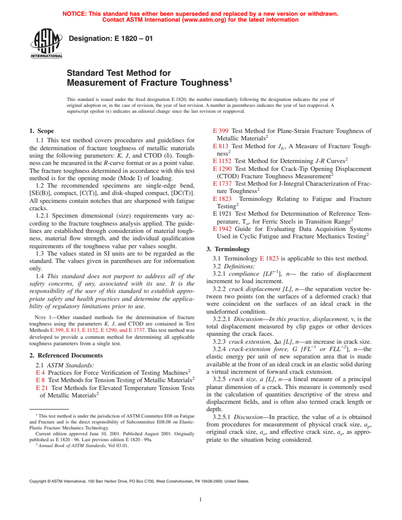 ASTM E1820-01 - Standard Test Method for Measurement of Fracture Toughness