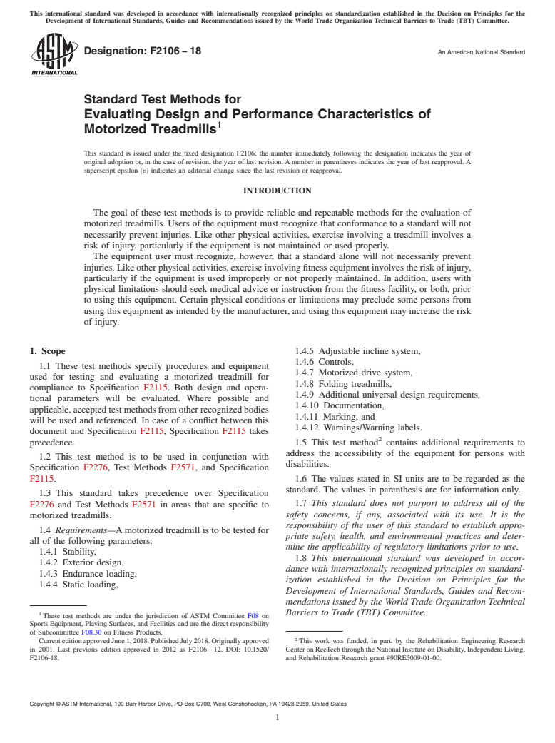 ASTM F2106-18 - Standard Test Methods for  Evaluating Design and Performance Characteristics of Motorized  Treadmills