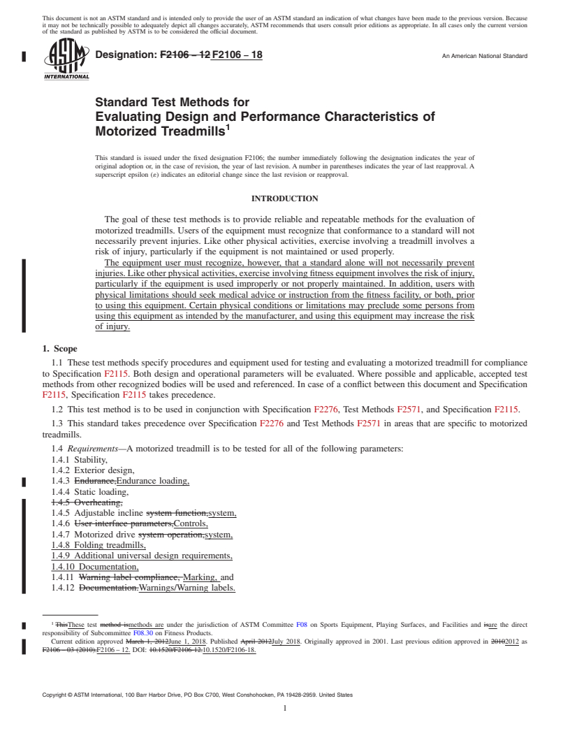 REDLINE ASTM F2106-18 - Standard Test Methods for  Evaluating Design and Performance Characteristics of Motorized  Treadmills