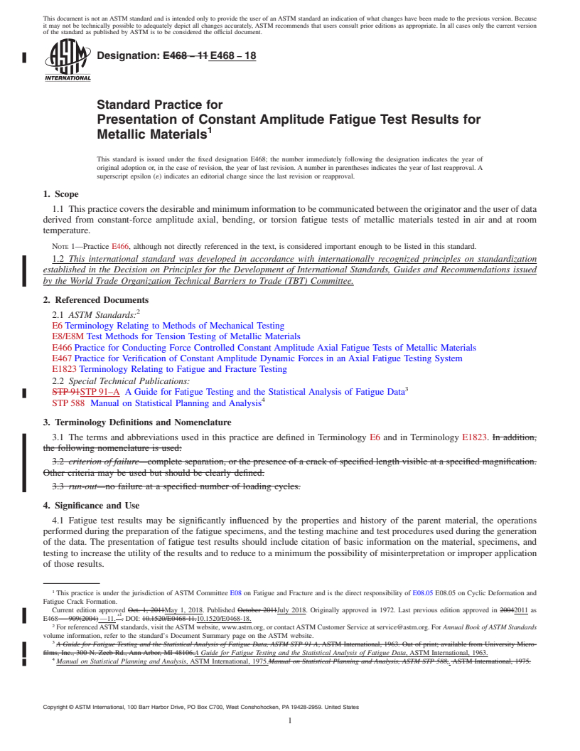 REDLINE ASTM E468-18 - Standard Practice for  Presentation of Constant Amplitude Fatigue Test Results for  Metallic Materials