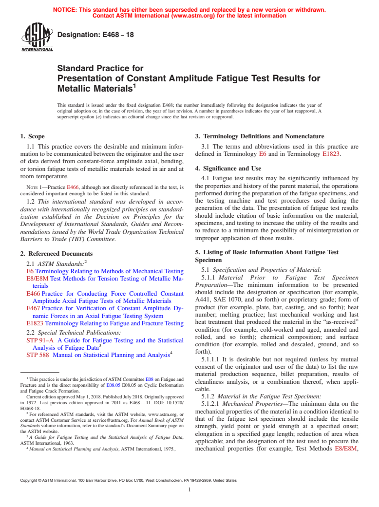 ASTM E468-18 - Standard Practice for  Presentation of Constant Amplitude Fatigue Test Results for  Metallic Materials