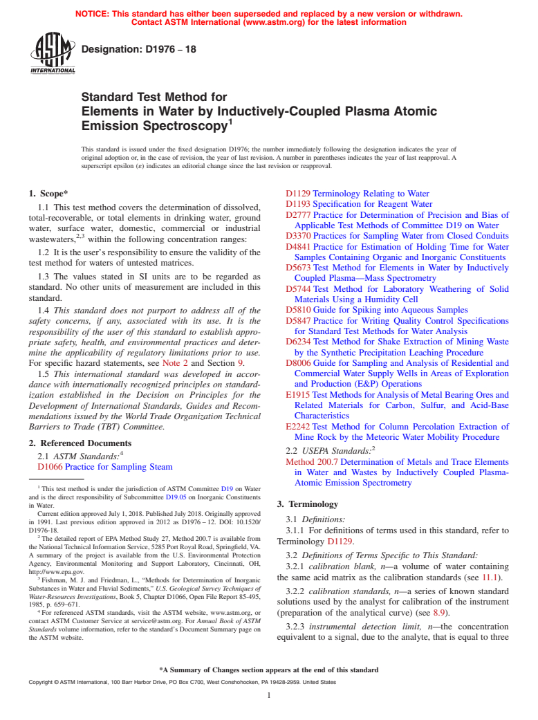 ASTM D1976-18 - Standard Test Method for  Elements in Water by Inductively-Coupled Plasma Atomic Emission  Spectroscopy