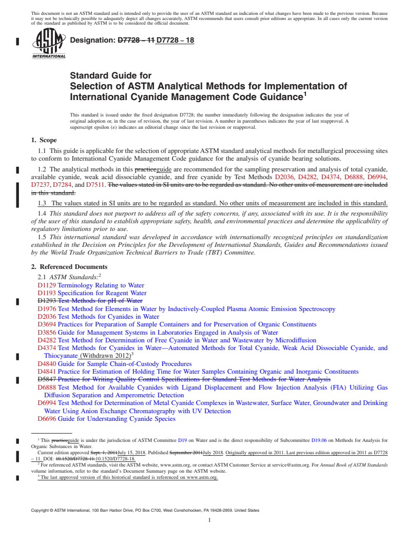 REDLINE ASTM D7728-18 - Standard Guide for  Selection of ASTM Analytical Methods for Implementation of  International Cyanide Management Code Guidance