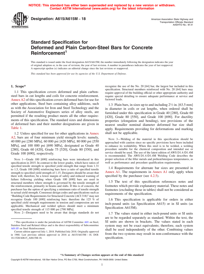 ASTM A615/A615M-18 - Standard Specification for  Deformed and Plain Carbon-Steel Bars for Concrete Reinforcement