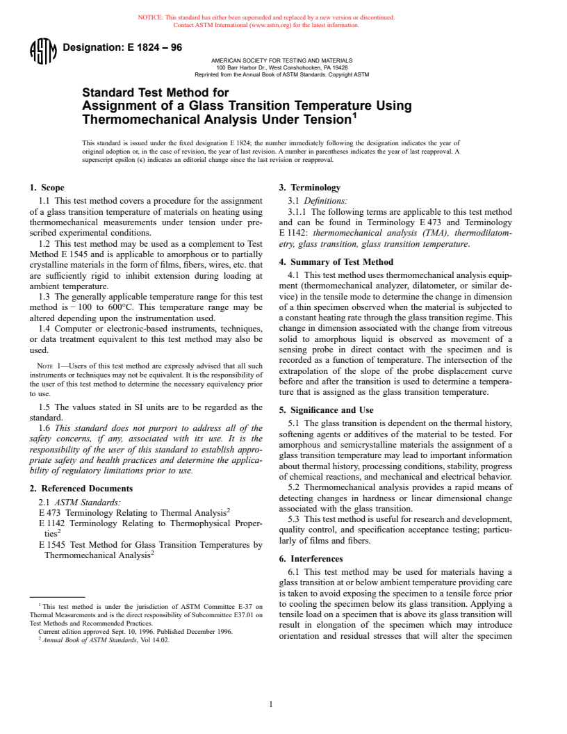 ASTM E1824-96 - Standard Test Method for Assignment of a Glass Transition Temperature Using Thermomechanical Analysis Under Tension