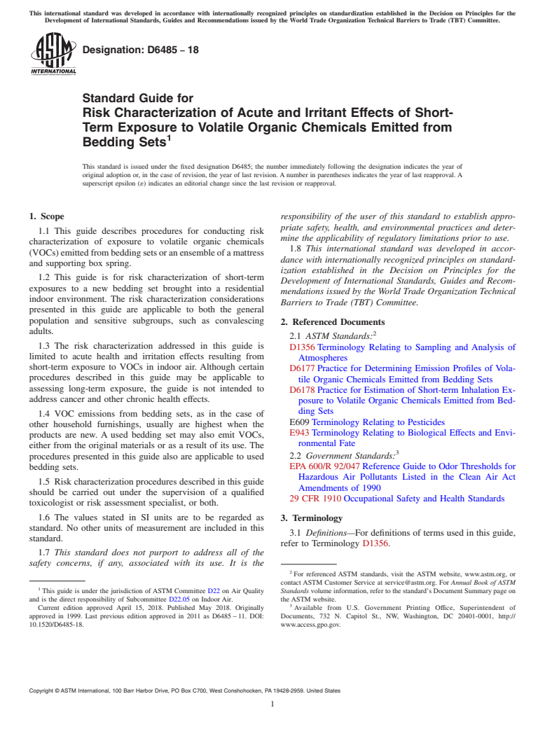ASTM D6485-18 - Standard Guide for  Risk Characterization of Acute and Irritant Effects of Short-Term Exposure to Volatile Organic Chemicals Emitted from Bedding Sets