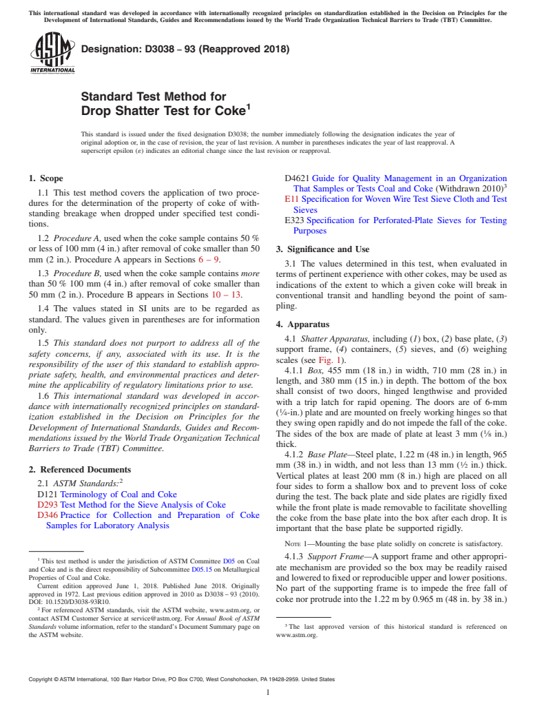 ASTM D3038-93(2018) - Standard Test Method for  Drop Shatter Test for Coke