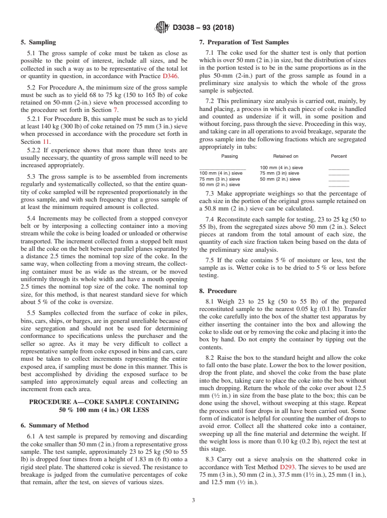 ASTM D3038-93(2018) - Standard Test Method for  Drop Shatter Test for Coke