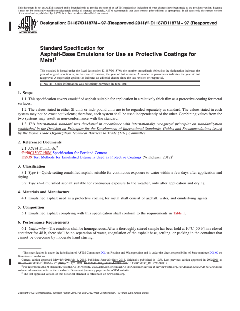 REDLINE ASTM D1187/D1187M-97(2018) - Standard Specification for  Asphalt-Base Emulsions for Use as Protective Coatings for Metal