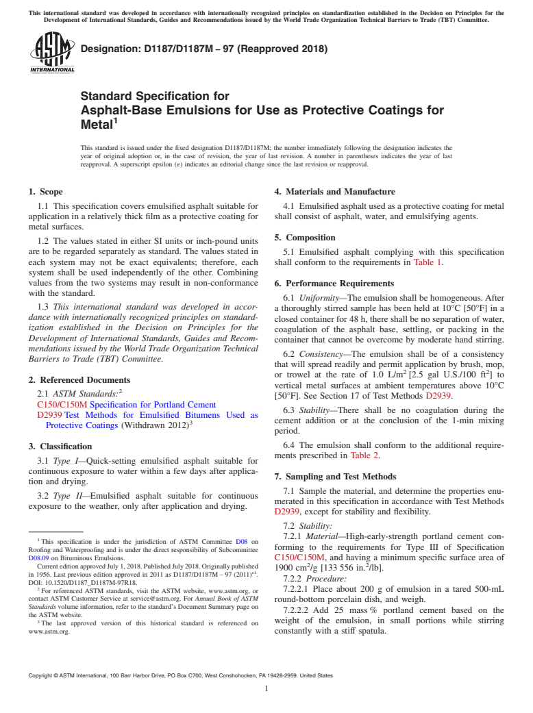 ASTM D1187/D1187M-97(2018) - Standard Specification for  Asphalt-Base Emulsions for Use as Protective Coatings for Metal