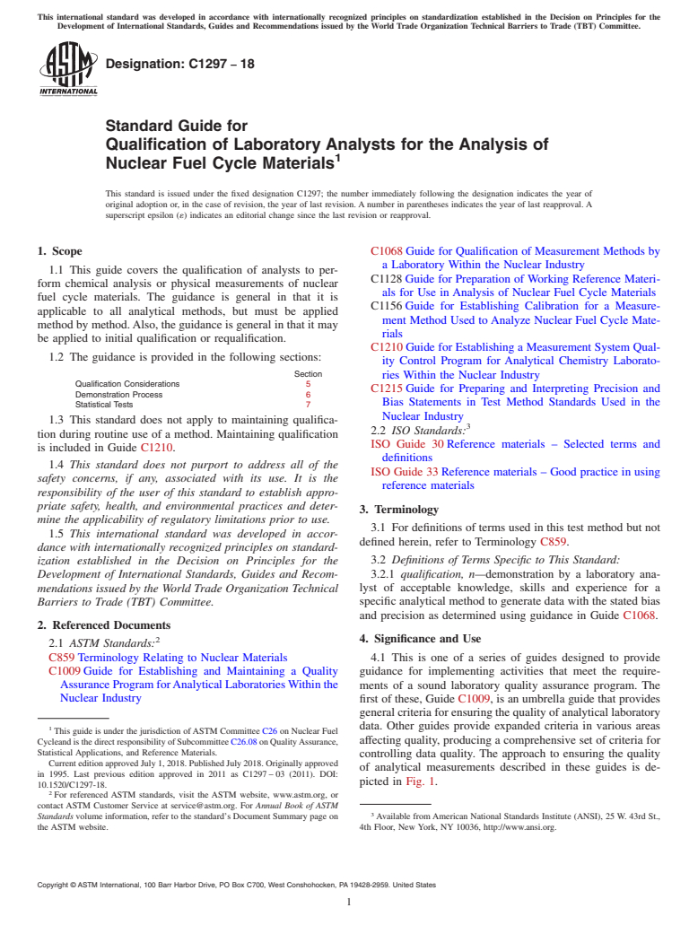 ASTM C1297-18 - Standard Guide for  Qualification of Laboratory Analysts for the Analysis of Nuclear  Fuel Cycle Materials