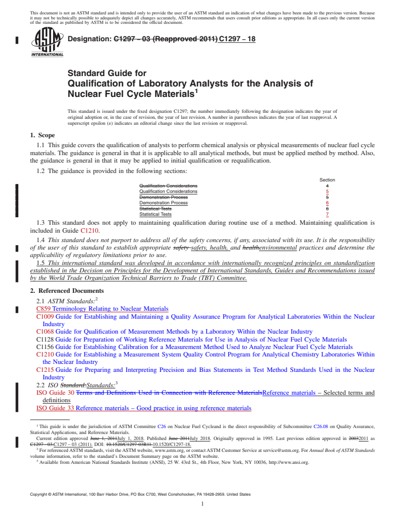 REDLINE ASTM C1297-18 - Standard Guide for  Qualification of Laboratory Analysts for the Analysis of Nuclear  Fuel Cycle Materials