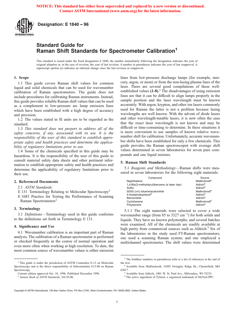 ASTM E1840-96 - Standard Guide for Raman Shift Standards for Spectrometer Calibration