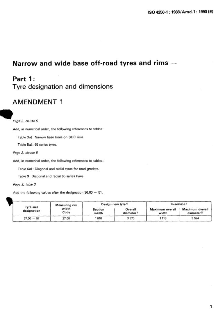 ISO 4250-1:1988/Amd 1:1990 - Narrow and wide base off-road tyres and rims — Part 1: Tyre designation and dimensions — Amendment 1
Released:12/6/1990
