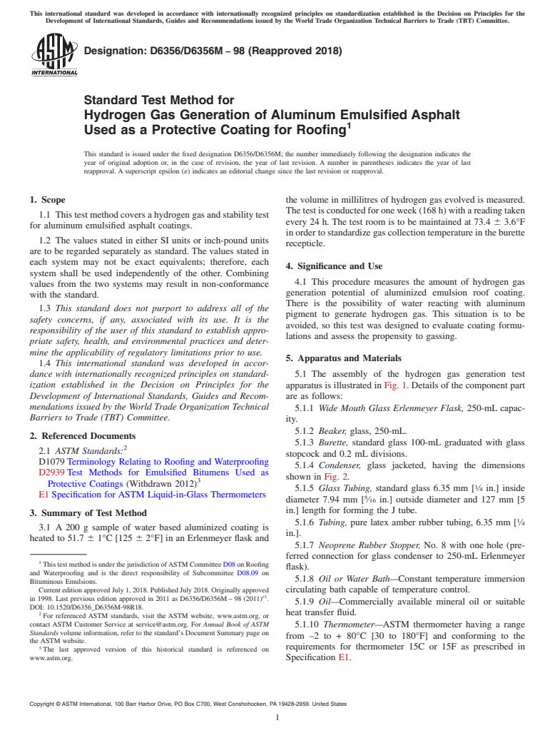 ASTM D6356/D6356M-98(2018) - Standard Test Method for  Hydrogen Gas Generation of Aluminum Emulsified Asphalt Used   as a Protective Coating for Roofing