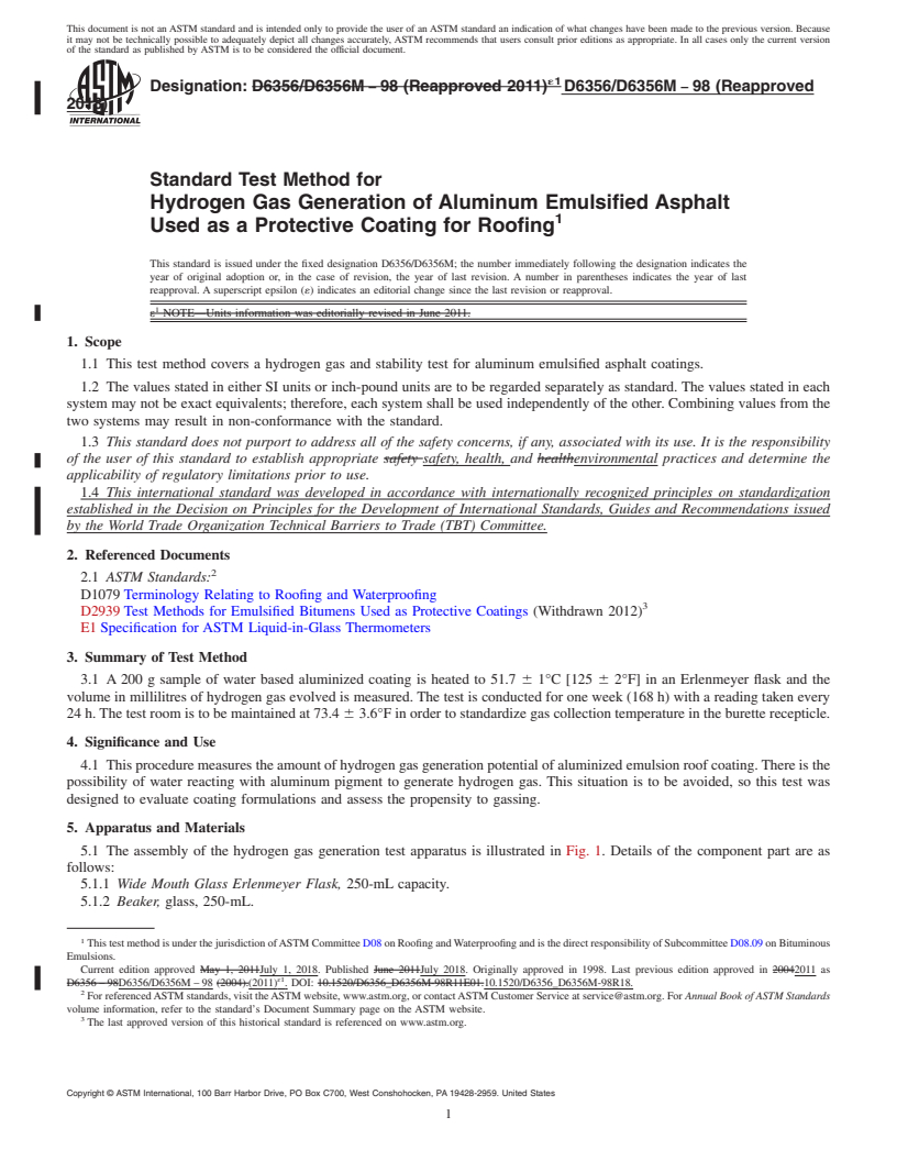 REDLINE ASTM D6356/D6356M-98(2018) - Standard Test Method for  Hydrogen Gas Generation of Aluminum Emulsified Asphalt Used   as a Protective Coating for Roofing