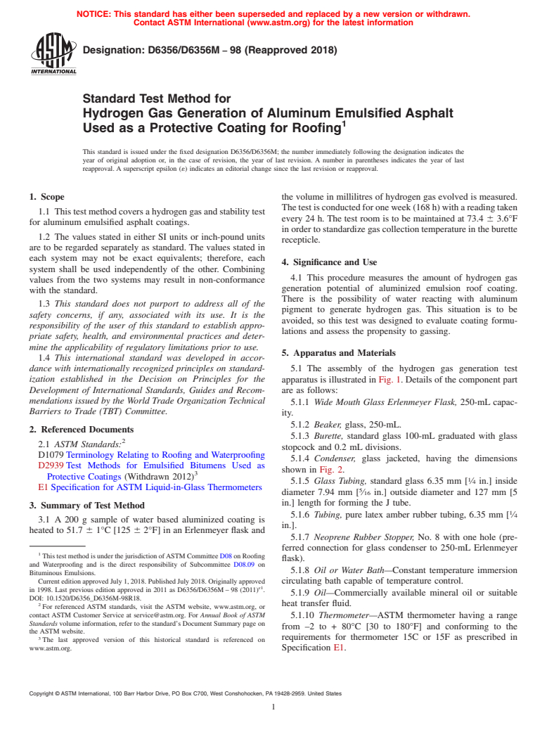 ASTM D6356/D6356M-98(2018) - Standard Test Method for  Hydrogen Gas Generation of Aluminum Emulsified Asphalt Used   as a Protective Coating for Roofing