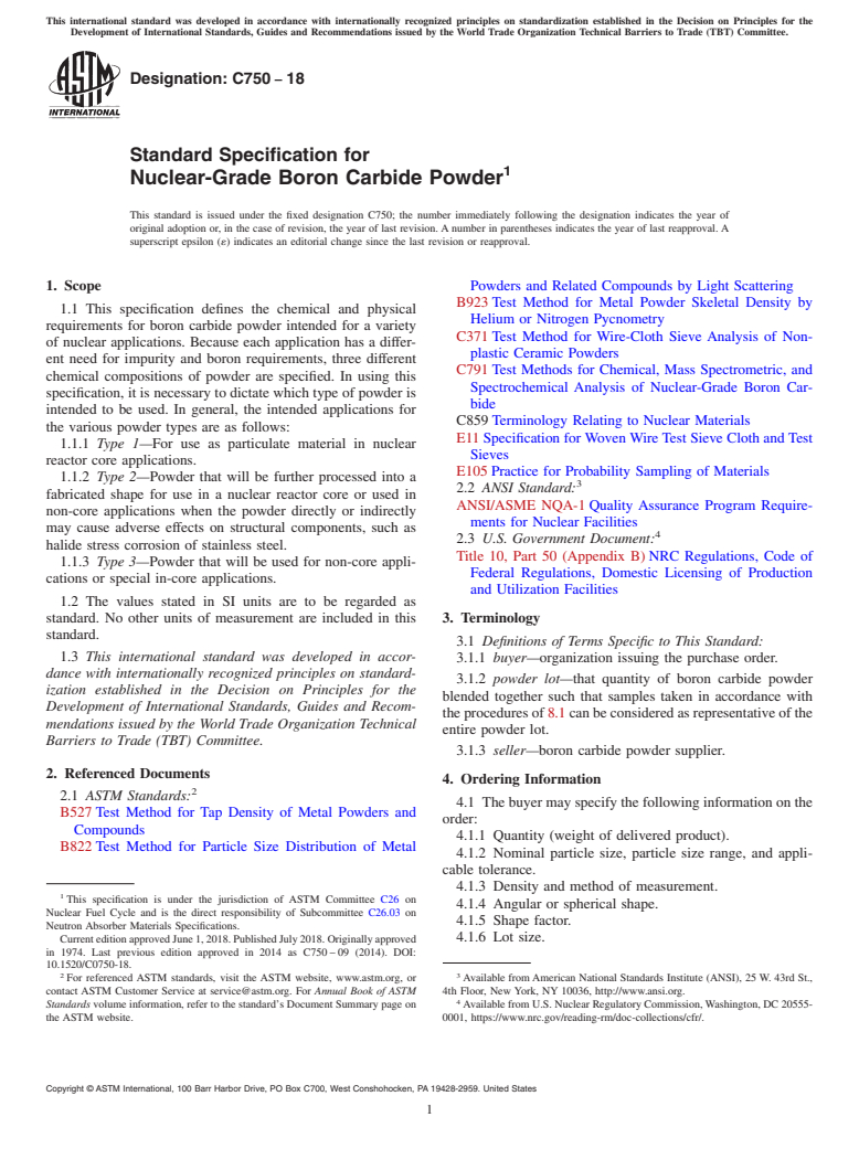 ASTM C750-18 - Standard Specification for  Nuclear-Grade Boron Carbide Powder