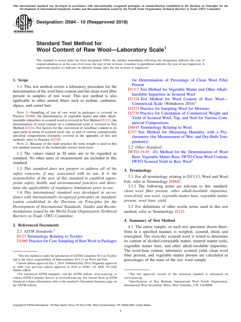 ASTM D584-10(2018) - Standard Test Method for  Wool Content of Raw Wool&#x2014;Laboratory Scale