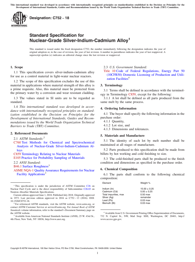 ASTM C752-18 - Standard Specification for  Nuclear-Grade Silver-Indium-Cadmium Alloy