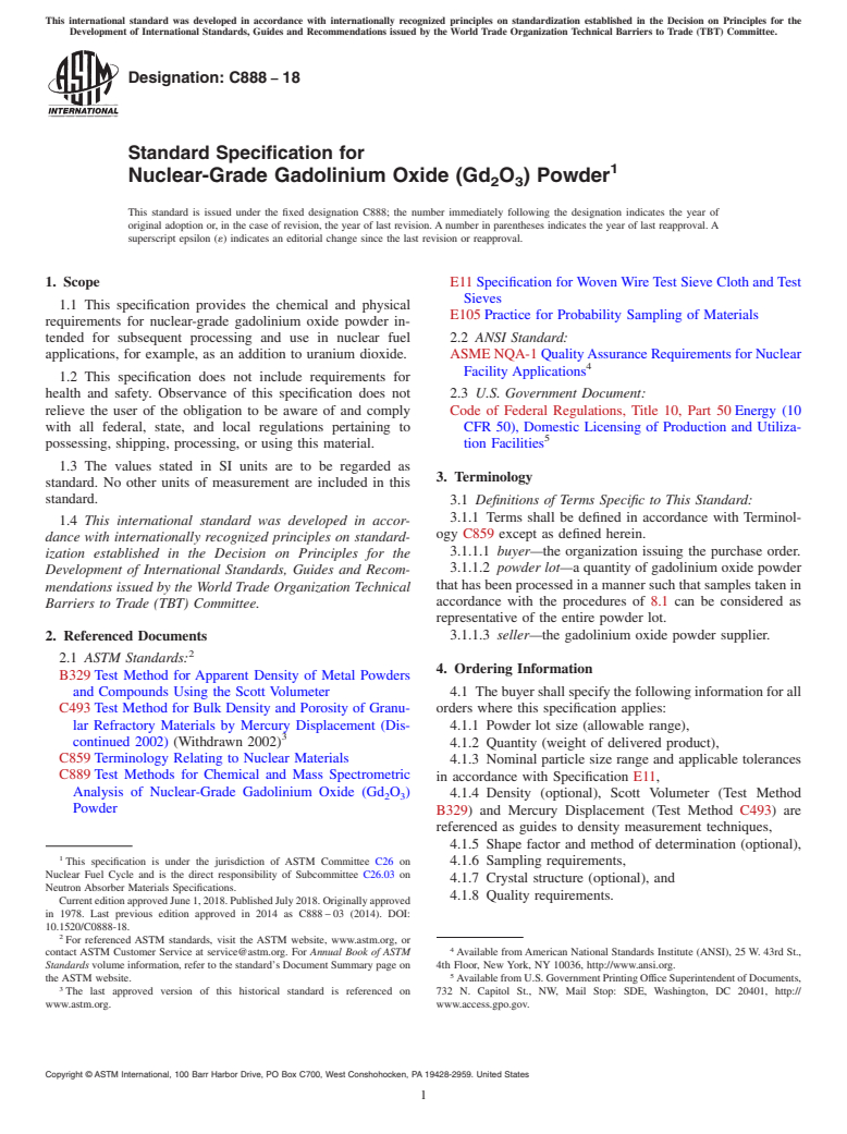 ASTM C888-18 - Standard Specification for  Nuclear-Grade Gadolinium Oxide (Gd<inf>2</inf>O<inf>3</inf  >) Powder