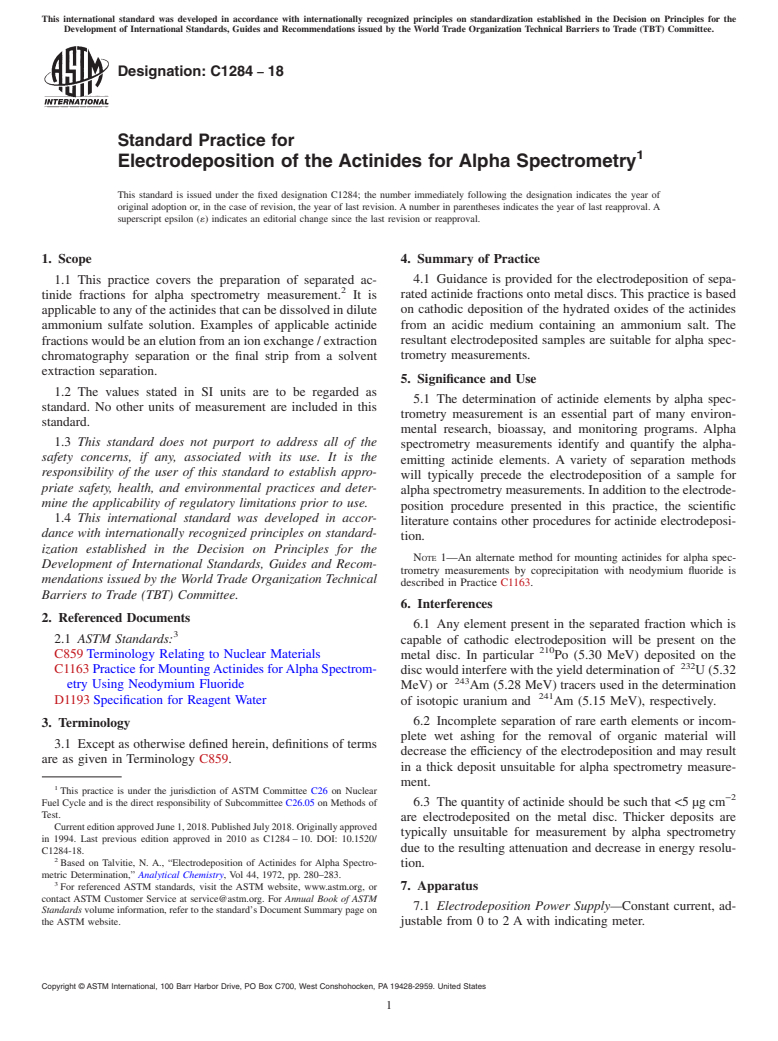 ASTM C1284-18 - Standard Practice for  Electrodeposition of the Actinides for Alpha Spectrometry