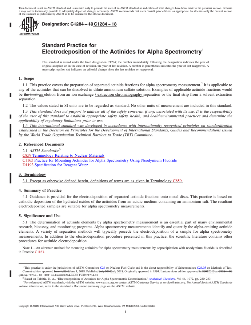 REDLINE ASTM C1284-18 - Standard Practice for  Electrodeposition of the Actinides for Alpha Spectrometry