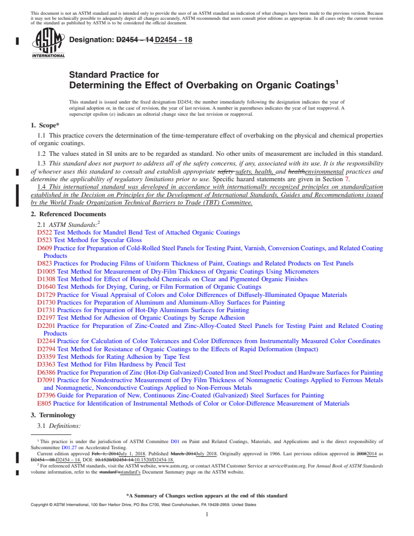 REDLINE ASTM D2454-18 - Standard Practice for Determining the Effect of Overbaking on Organic Coatings