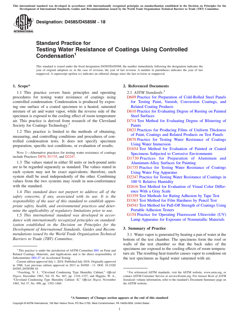 ASTM D4585/D4585M-18 - Standard Practice for Testing Water Resistance of Coatings Using Controlled Condensation