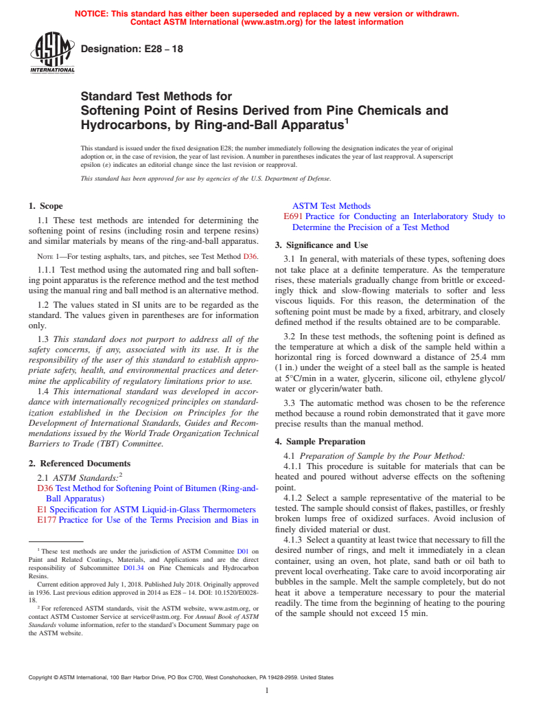 ASTM E28-18 - Standard Test Methods for Softening Point of Resins Derived from Pine Chemicals and Hydrocarbons,  by Ring-and-Ball  Apparatus