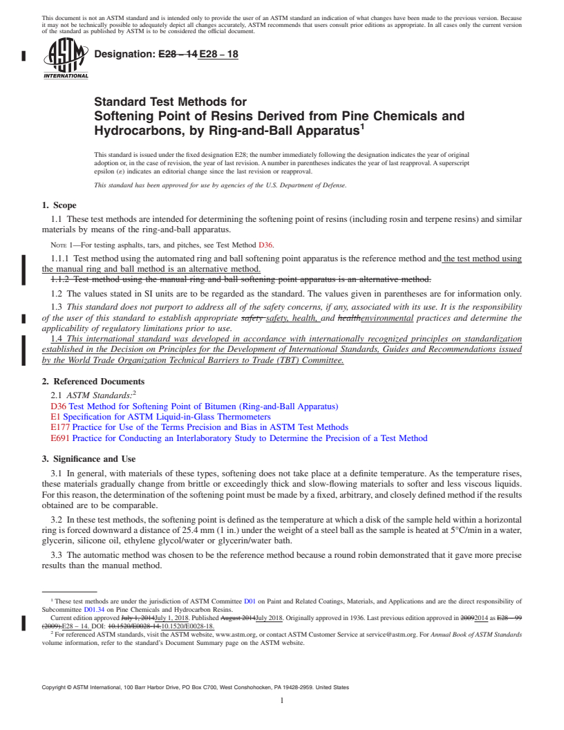 REDLINE ASTM E28-18 - Standard Test Methods for Softening Point of Resins Derived from Pine Chemicals and Hydrocarbons,  by Ring-and-Ball  Apparatus