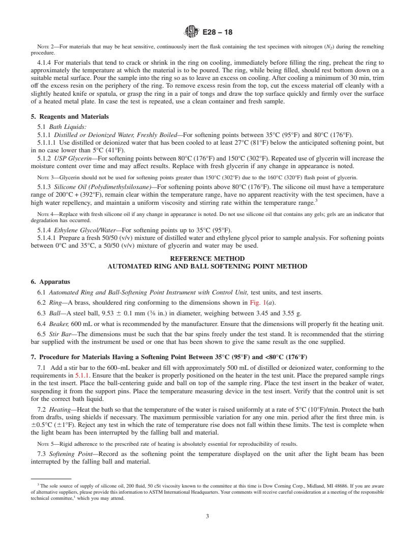 REDLINE ASTM E28-18 - Standard Test Methods for Softening Point of Resins Derived from Pine Chemicals and Hydrocarbons,  by Ring-and-Ball  Apparatus