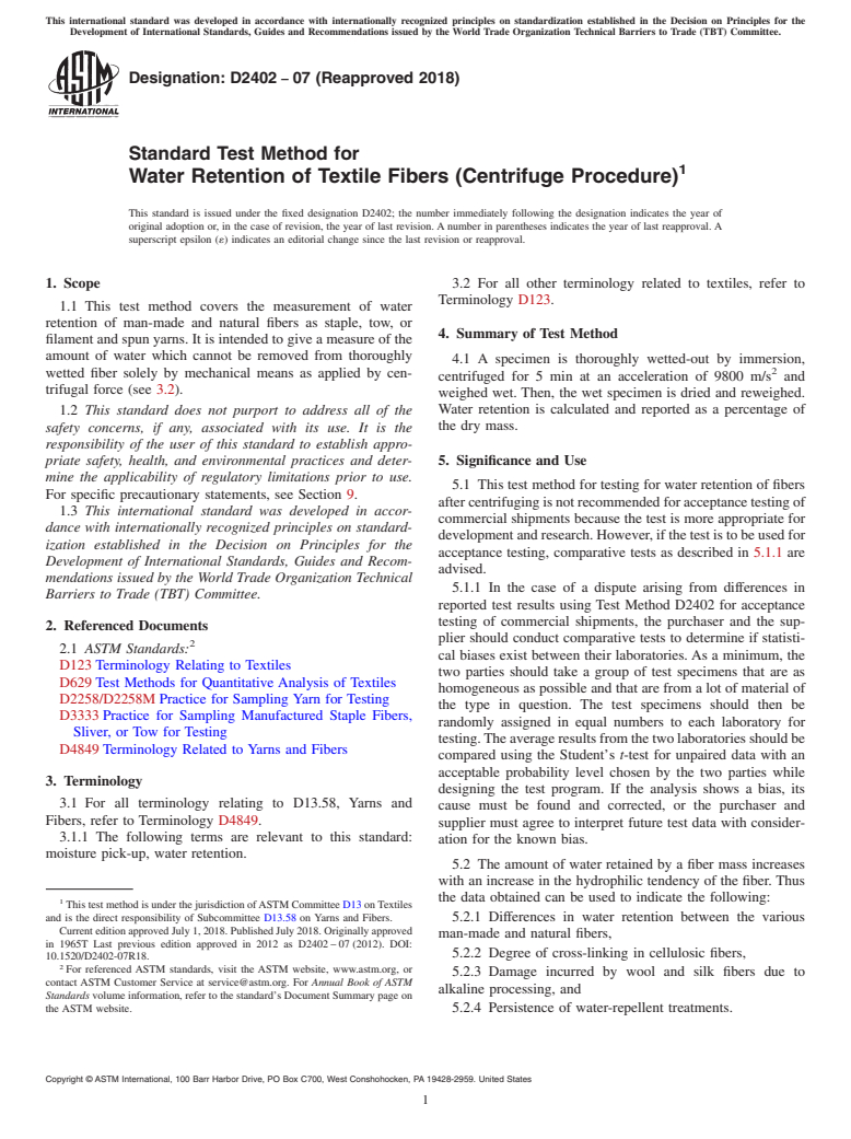 ASTM D2402-07(2018) - Standard Test Method for  Water Retention of Textile Fibers (Centrifuge Procedure)