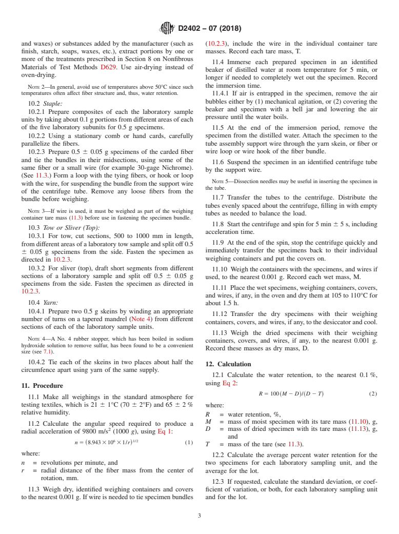 ASTM D2402-07(2018) - Standard Test Method for  Water Retention of Textile Fibers (Centrifuge Procedure)