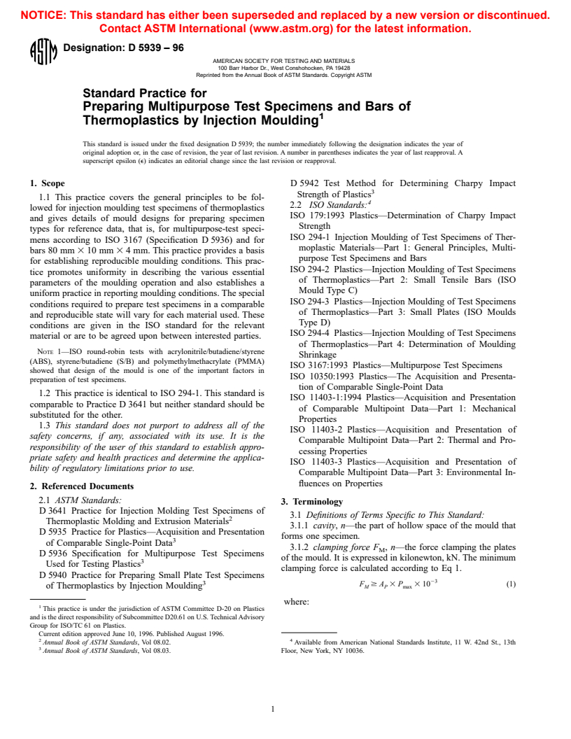 ASTM D5939-96 - Standard Test Method for Injection Moulding of Test Specimens of Thermoplatic Materials (Withdrawn 1998)