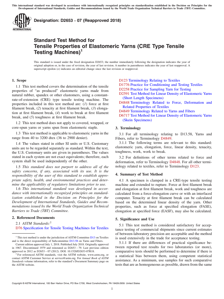 ASTM D2653-07(2018) - Standard Test Method for  Tensile Properties of Elastomeric Yarns (CRE Type Tensile Testing  Machines)