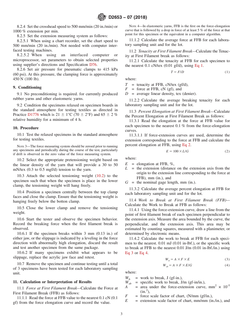 ASTM D2653-07(2018) - Standard Test Method for  Tensile Properties of Elastomeric Yarns (CRE Type Tensile Testing  Machines)