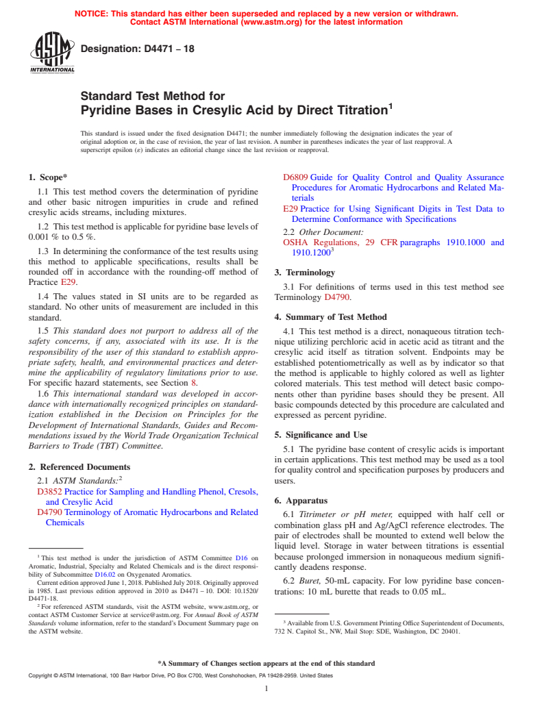 ASTM D4471-18 - Standard Test Method for Pyridine Bases in Cresylic Acid by Direct Titration